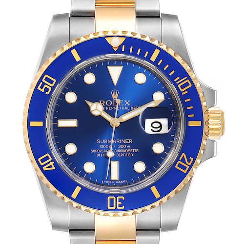 The image shows a front view of the Rolex Submariner 116613 Men's Stainless Steel Blue Dial 116613 Men's Stainless Steel Blue Dial watch, highlighting its blue dial, date window, and gold-accented bezel and bracelet.