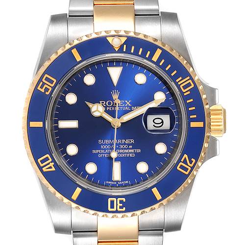 This image shows the front view of a Rolex Submariner 116613 Men's Stainless Steel Blue Dial 116613 Men's Stainless Steel Blue Dial watch, highlighting its blue dial, date window, and two-tone bracelet.