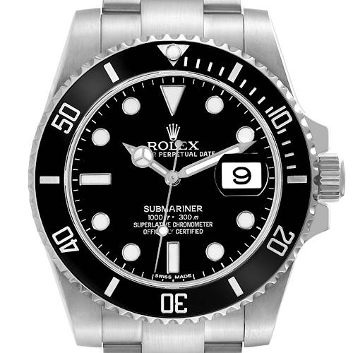 The image shows a front view of the Rolex Submariner 116610LN Men's Stainless Steel Black Dial 116610LN Men's Stainless Steel Black Dial, highlighting its dial, bezel, hands, and date window.