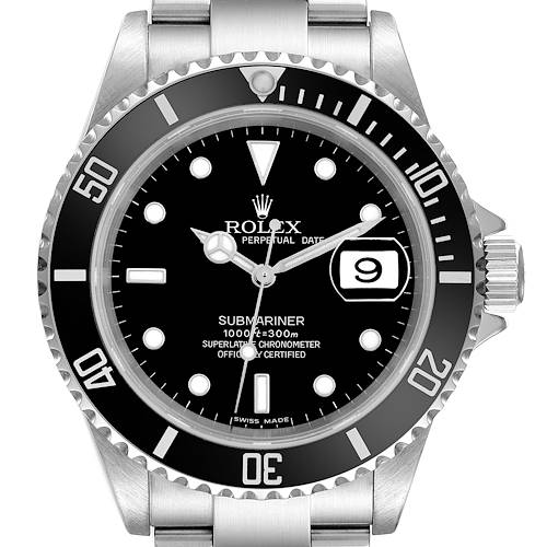 The Rolex Submariner 16610 T Men's Stainless Steel Black Dial 16610 T Men's Stainless Steel Black Dial watch is shown from a frontal angle, featuring the dial, hands, bezel, and part of the bracelet.