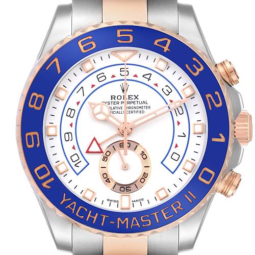 The Rolex Yacht-Master 116681 Men's Steel and Gold (two tone) White Dial 116681 Men's Steel and Gold (two tone) White Dial watch is shown from the front, highlighting its bezel, dial, and crown.