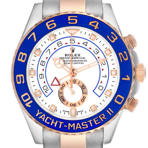 The Rolex Yacht-Master 116681 Men's Steel and Gold (two tone) White Dial 116681 Men's Steel and Gold (two tone) White Dial watch is shown from a front angle, highlighting the bezel, dial, and crown.