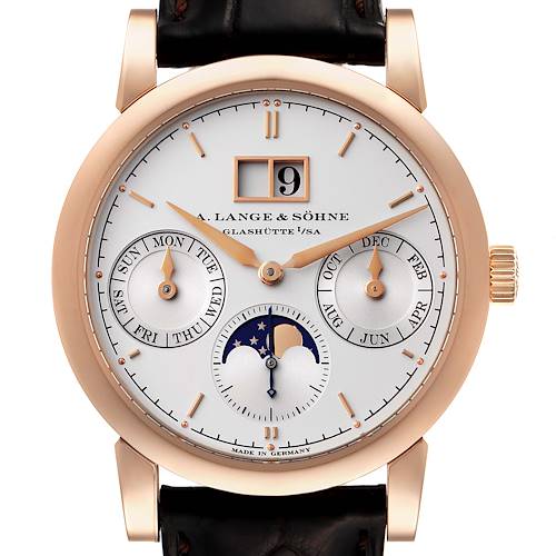 The image shows a front view of the A. Lange & Sohne Saxonia 330.032 Men's Rose Gold Silver Dial watch, highlighting the dial with day, date, month, and moon phase indicators.