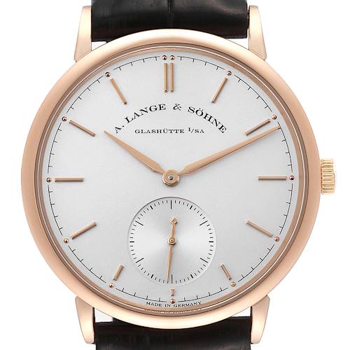 This image shows a frontal view of the A. Lange & Sohne Saxonia 380.032 Men's Rose Gold Silver Dial watch, highlighting its dial, markers, hands, and crown.