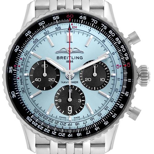 The Breitling Navitimer AB0138 Men's Stainless Steel Blue Dial AB0138 Men's Stainless Steel Blue Dial watch is shown from the front, highlighting its dial, bezel, crown, chronograph buttons, and bracelet.