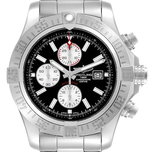 The Breitling Avenger A1337111/BC29 Men's Stainless Steel Black Dial A1337111/BC29 Men's Stainless Steel Black Dial watch is shown from the front angle, displaying the dial, bezel, and part of the bracelet.