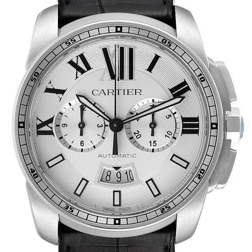 The image shows a frontal view of the Calibre de Cartier watch by Cartier, highlighting its dial, subdials, and date window.