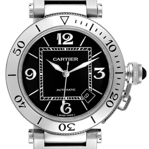 The image shows the front view of a Cartier Pasha W31077M7 Men's Stainless Steel Black Dial W31077M7 Men's Stainless Steel Black Dial watch, highlighting its face, dial, hands, bezel, and crown.