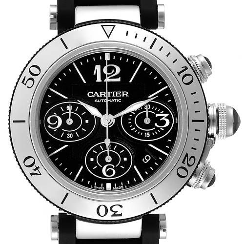 This image shows a close-up view of the Cartier Pasha W31088U2 Men's Stainless Steel Black Dial W31088U2 Men's Stainless Steel Black Dial model watch face and side buttons.