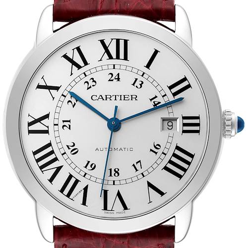 This is a close-up of the Cartier Ronde W6701010 Men's Stainless Steel Silver Dial W6701010 Men's Stainless Steel Silver Dial watch, showing its face, Roman numeral markers, hands, date window, and part of the strap.