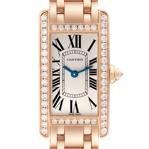 The image shows a front view of the Cartier Tank Americaine WB7079M5 Women's Rose Gold Silver Dial WB7079M5 Women's Rose Gold Silver Dial watch, highlighting the dial, hands, and part of the bracelet and case.