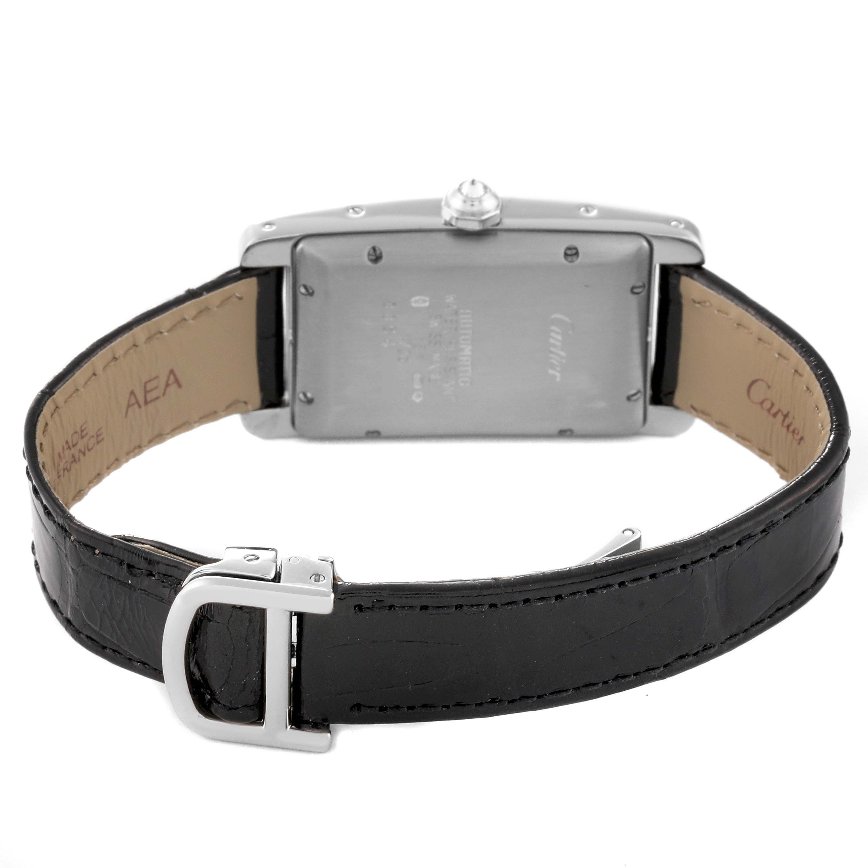 The image shows the back view of the Cartier Tank Americaine WB702651 Women's White Gold Silver Dial WB702651 Women's White Gold Silver Dial watch, displaying its case and leather strap.