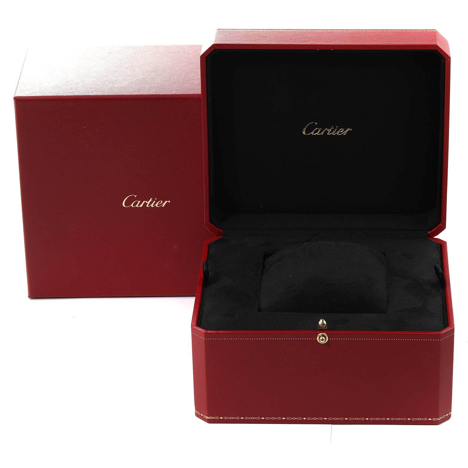 This image shows an open Cartier Tank Americaine WB702651 Women's White Gold Silver Dial WB702651 Women's White Gold Silver Dial watch box from a front angle, along with its lid and a red outer box.