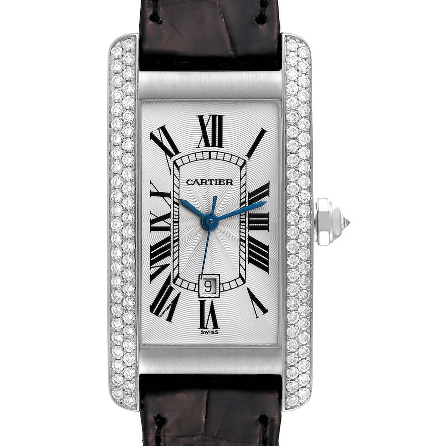 The Cartier Tank Américaine watch is shown from the front, displaying the face, diamonds on the bezel, and part of the strap.