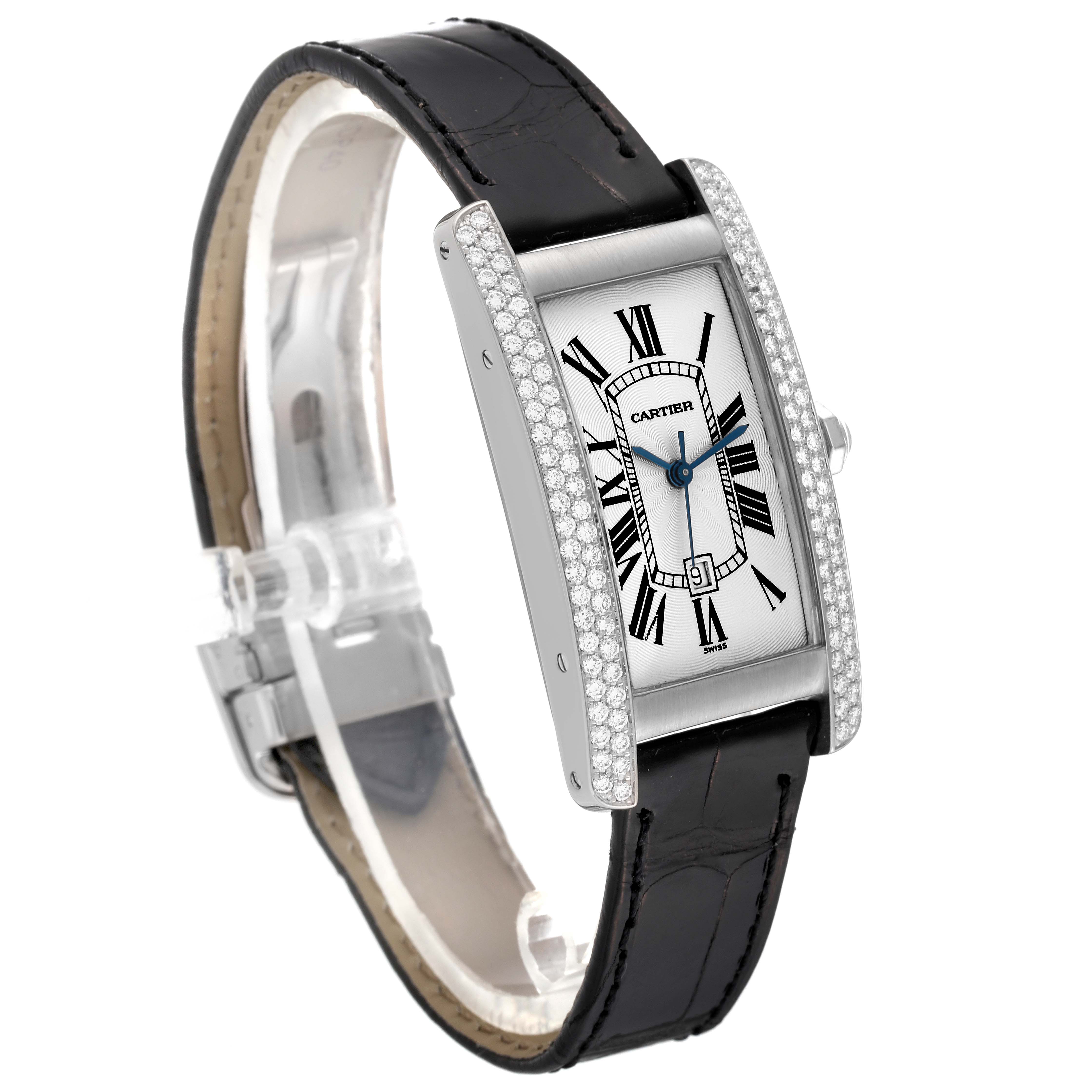 The image shows a Cartier Tank Americaine WB702651 Women's White Gold Silver Dial WB702651 Women's White Gold Silver Dial watch from a three-quarter angle, displaying the watch face, crown, and black leather strap.