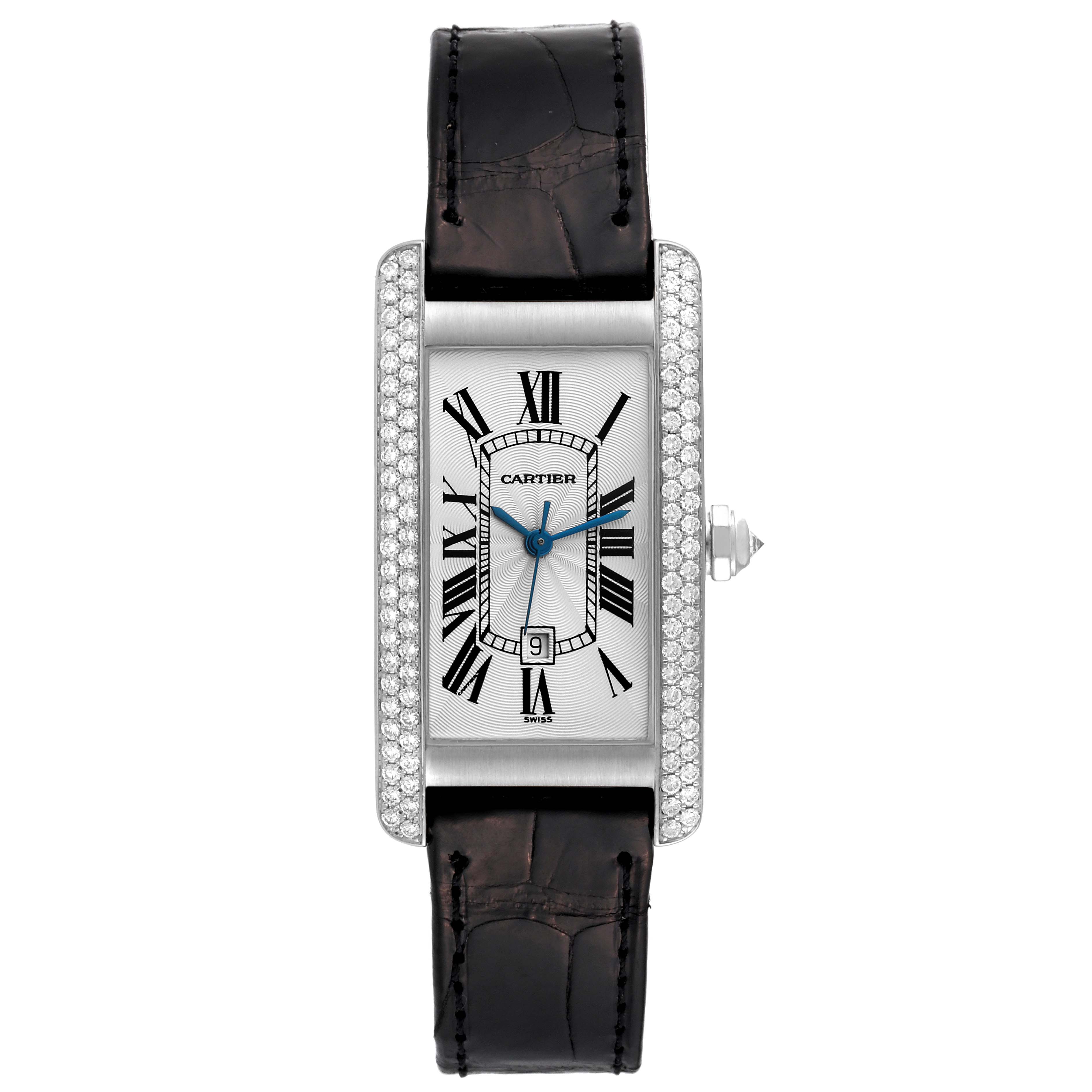 This image shows a front view of a Cartier Tank Americaine WB702651 Women's White Gold Silver Dial WB702651 Women's White Gold Silver Dial watch, highlighting its dial, diamond bezel, and leather strap.