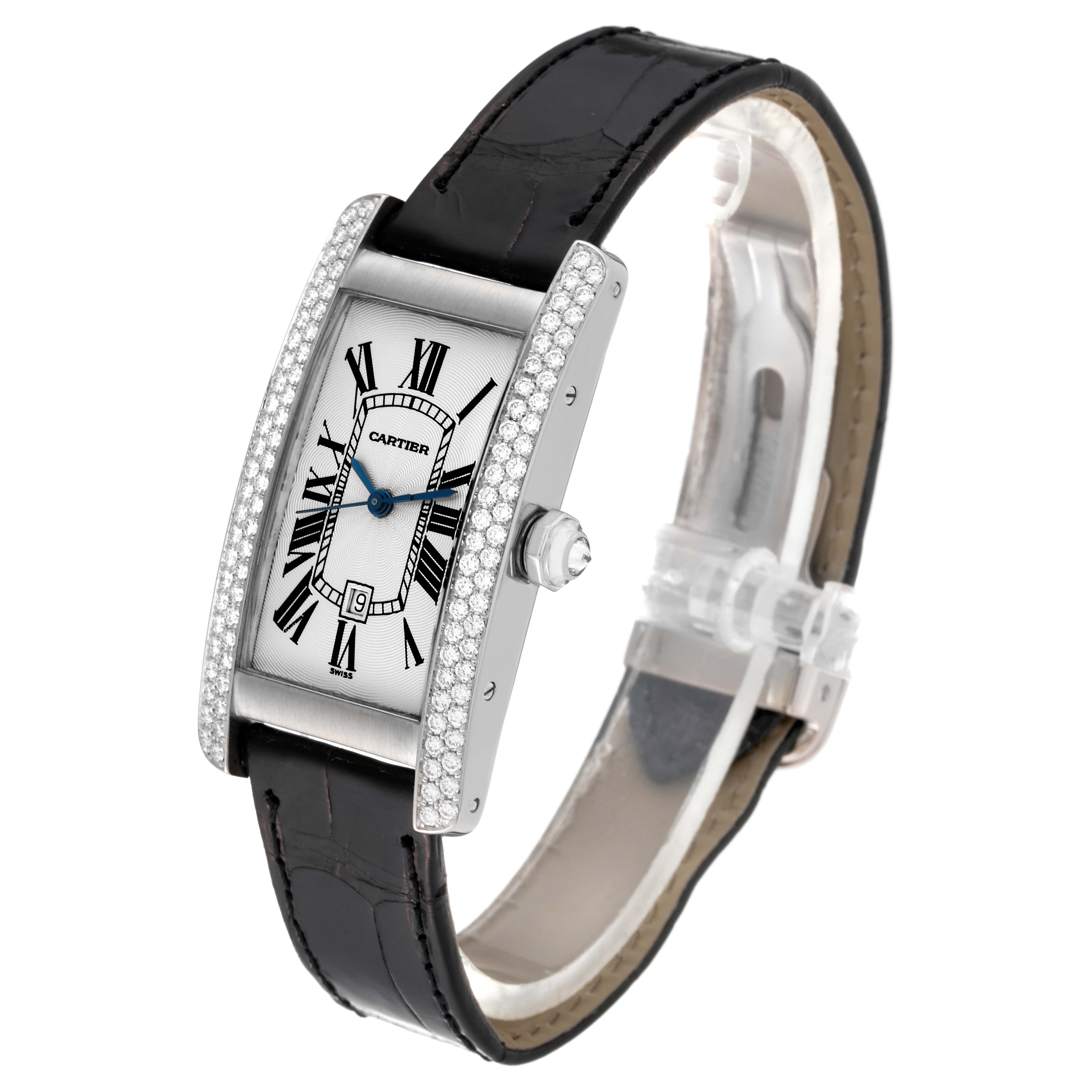 The image shows a Cartier Tank Americaine WB702651 Women's White Gold Silver Dial WB702651 Women's White Gold Silver Dial watch from an angled side view highlighting the face and strap.
