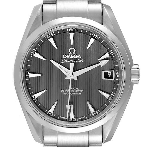 The image shows a front view of the Omega Aqua Terra 231.10.39.21.06.001 Men's Stainless Steel Grey Dial 231.10.39.21.06.001 Men's Stainless Steel Grey Dial watch, displaying the dial, hands, markers, and part of the bracelet.