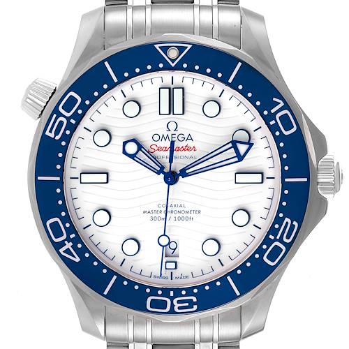 The image shows a frontal view of an Omega Seamaster 522.30.42.20.04.001 Men's Stainless Steel White Dial 522.30.42.20.04.001 Men's Stainless Steel White Dial watch, highlighting its blue bezel, white dial, and bracelet.