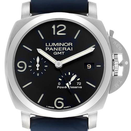 The Panerai Luminor PAM00321 Men's Stainless Steel Black Dial PAM00321 Men's Stainless Steel Black Dial watch is shown from a front angle, displaying the face, dials, crown guard, and strap attachment points.