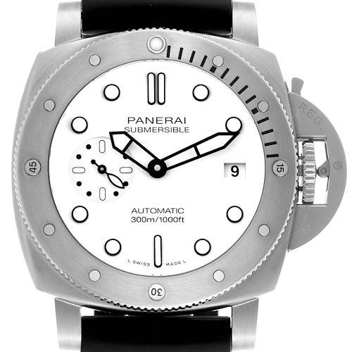 The image shows a frontal view of the Panerai Submersible PAM02223 Men's Stainless Steel White Dial PAM02223 Men's Stainless Steel White Dial, highlighting the dial, hands, bezel, and crown guard.