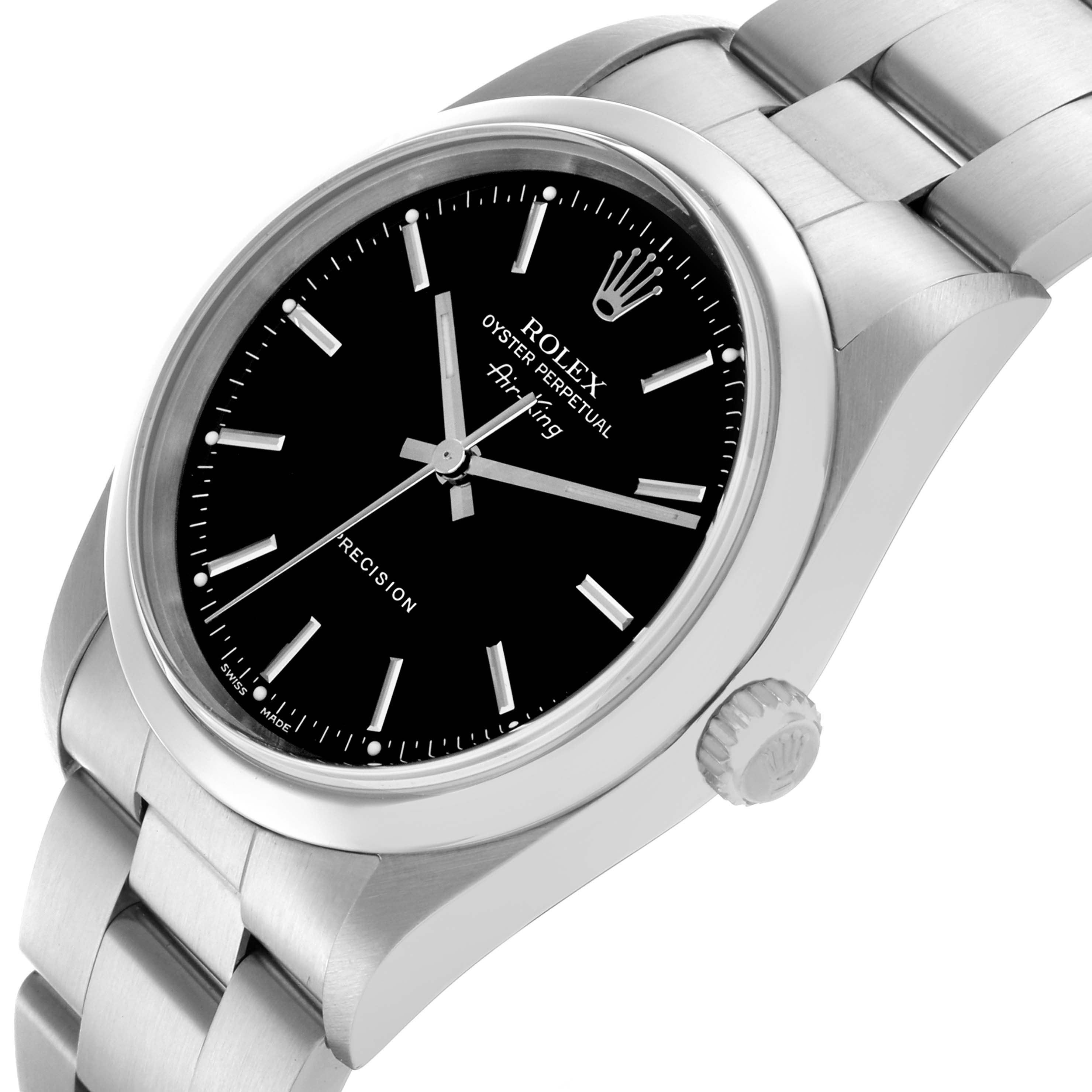 The Rolex Air-King 14000 Men's Stainless Steel Black Dial 14000 Men's Stainless Steel Black Dial watch is shown at a slight side angle, highlighting its black dial, silver markers, and the stainless steel bracelet.