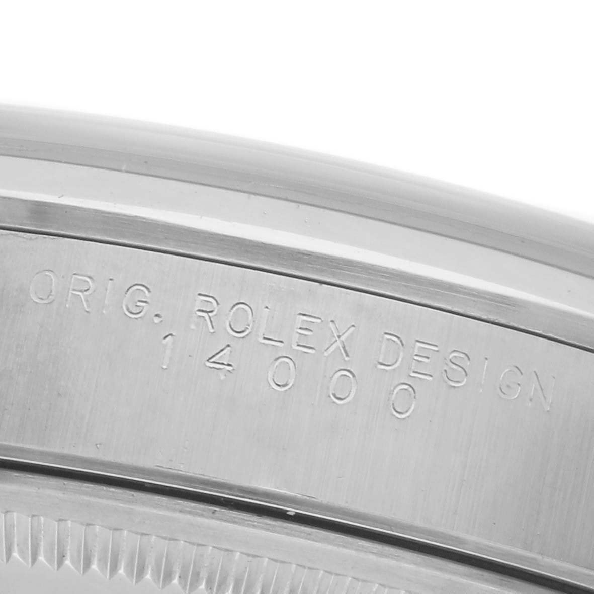 The image shows an angled close-up of the engraved case side of the Rolex Air-King 14000 Men's Stainless Steel Black Dial 14000 Men's Stainless Steel Black Dial, displaying "ORIG. ROLEX DESIGN 14000."