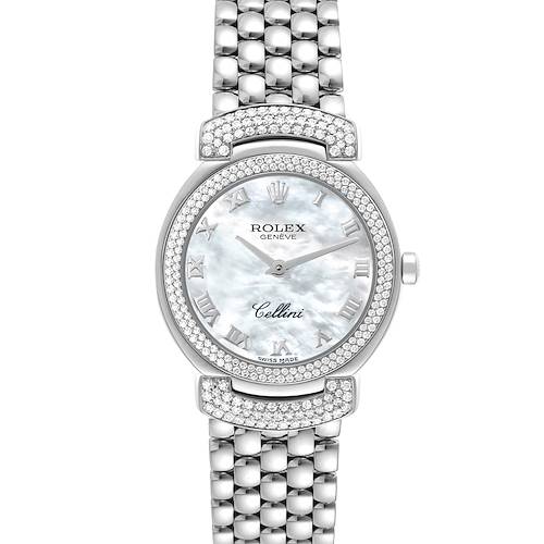 This image shows a front view of a Rolex Cellini 6673 Women's White Gold Mother of Pearl Dial 6673 Women's White Gold Mother of Pearl Dial watch, highlighting its dial, bezel, crown, and bracelet.