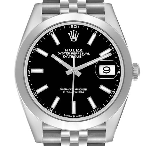 The Rolex Datejust 41 126300 Men's Stainless Steel Black Dial 126300 Men's Stainless Steel Black Dial model is shown from a top view, displaying the black dial, hour markers, hands, and date window.