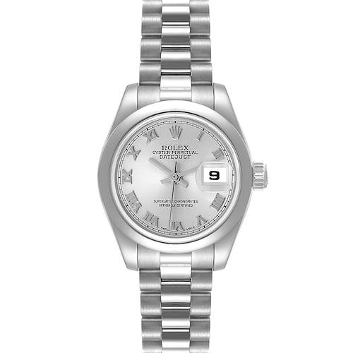 The image shows a front view of a Rolex President 179166 Women's Platinum Silver Dial 179166 Women's Platinum Silver Dial model watch, displaying its dial, bezel, and bracelet.