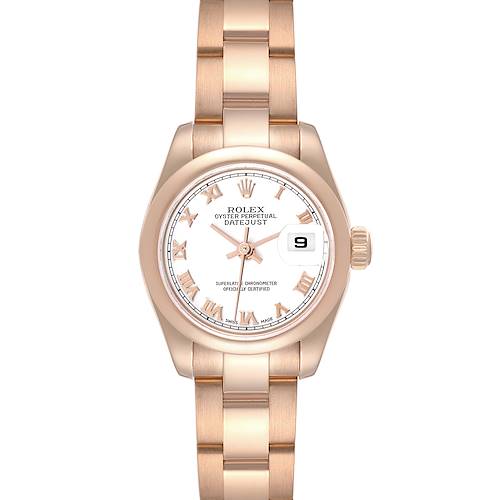 The image shows a Rolex President 179165 Women's Rose Gold White Dial 179165 Women's Rose Gold White Dial Datejust watch from a front angle, featuring its face, bezel, bracelet, and crown.
