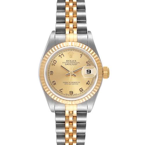 The Rolex Datejust 79173 Women's Steel and Gold (two tone) Champagne Dial 79173 Women's Steel and Gold (two tone) Champagne Dial watch is shown from the front, displaying the dial, fluted bezel, and two-tone jubilee bracelet.