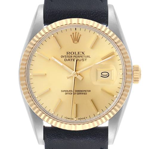 The Rolex Datejust 16013 Men's Steel and Gold (two tone) Champagne Dial 16013 Men's Steel and Gold (two tone) Champagne Dial watch is shown from the front, displaying the dial, hands, date window, and fluted bezel.