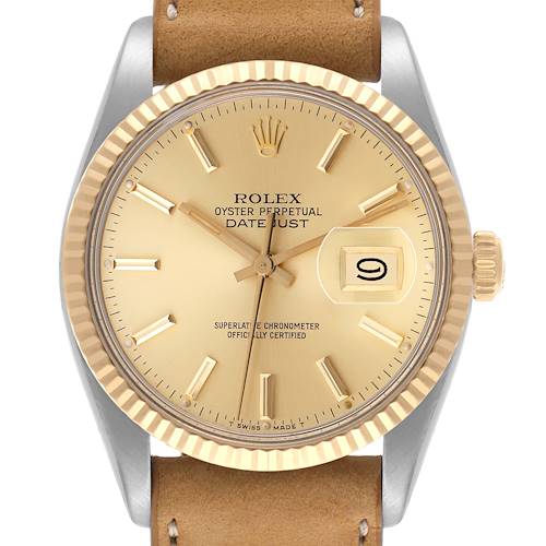 The Rolex Datejust 16013 Men's Steel and Gold (two tone) Champagne Dial 16013 Men's Steel and Gold (two tone) Champagne Dial watch is shown from a front angle, highlighting the dial, bezel, crown, and leather strap.
