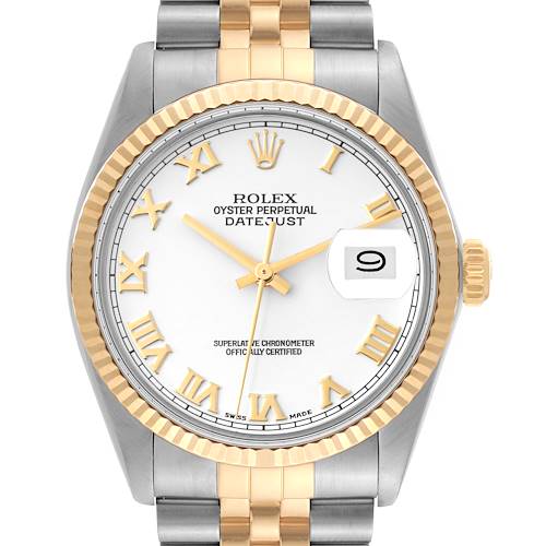 The image shows a frontal view of the Rolex Vintage Collection 16013 Men's Steel and Gold (two tone) White Dial 16013 Men's Steel and Gold (two tone) White Dial Datejust model, displaying its face, bezel, crown, and partially the bracelet.