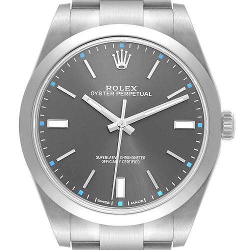 The image shows a front view of a Rolex Oyster Perpetual 114300 Men's Stainless Steel Grey Dial 114300 Men's Stainless Steel Grey Dial watch, highlighting the dial, hands, crown, and part of the bracelet.