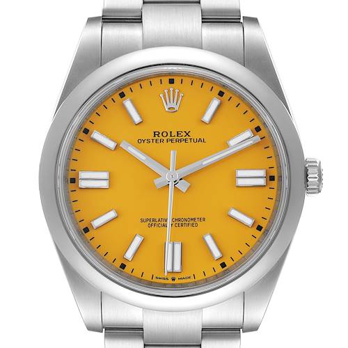 This image shows a frontal view of the Rolex Oyster Perpetual 124300 Men's Stainless Steel Yellow Dial 124300 Men's Stainless Steel Yellow Dial watch, highlighting its yellow dial and stainless steel bracelet.