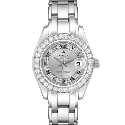 The Rolex Pearlmaster 80299 Women's White Gold Silver Dial 80299 Women's White Gold Silver Dial watch is shown from a top-down angle, highlighting its diamond-encrusted bezel and silver bracelet.