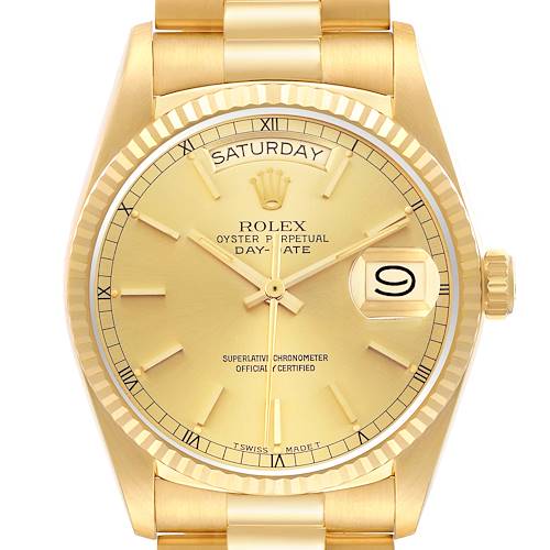 The Rolex President 18038 Men's Yellow Gold Champagne Dial 18038 Men's Yellow Gold Champagne Dial model is shown from the front, highlighting the dial, day-date display, and part of the bracelet.
