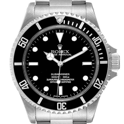 This image shows a front view of the Rolex Submariner 14060M Men's Stainless Steel Black Dial 14060M Men's Stainless Steel Black Dial watch, detailing its dial, bezel, and part of the bracelet.