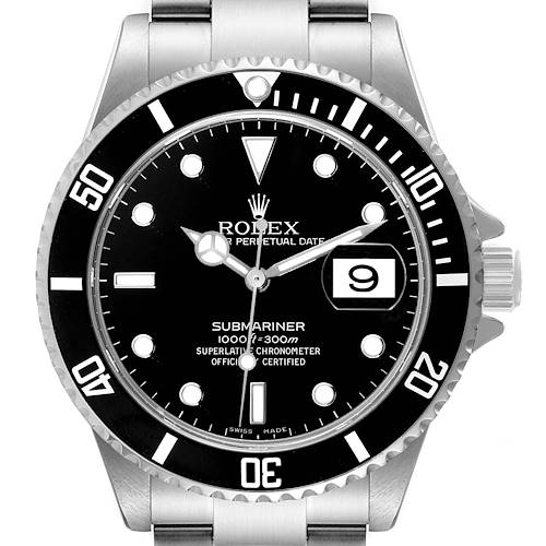 The image shows a front view of a Rolex Submariner 16610 Men's Stainless Steel Black Dial 16610 Men's Stainless Steel Black Dial, displaying the watch face, bezel, and part of the bracelet.