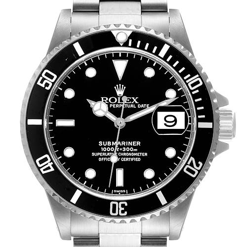 This image shows a front view of the Rolex Submariner 16610 Men's Stainless Steel Black Dial 16610 Men's Stainless Steel Black Dial watch, highlighting the dial, bezel, and bracelet.
