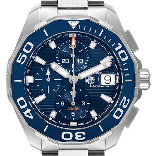 The image shows a head-on view of the Tag Heuer Aquaracer CAY211B.BA0927 Men's Stainless Steel Blue Dial CAY211B.BA0927 Men's Stainless Steel Blue Dial watch, displaying its face, bezel, crown, and part of the bracelet.