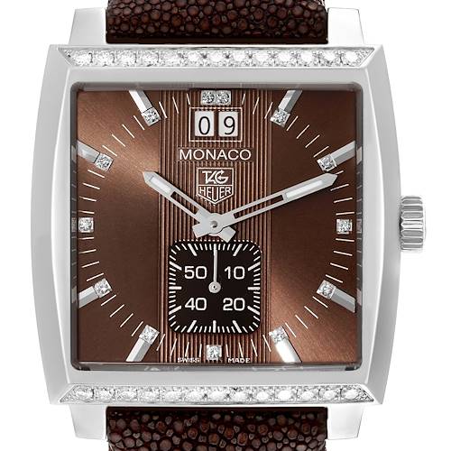 Close-up view of the Tag Heuer Monaco WAW1316 Women's Stainless Steel Brown Dial WAW1316 Women's Stainless Steel Brown Dial watch showing the face, dial, crown, and part of the strap.