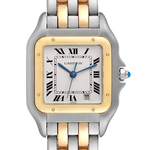 The image shows a close-up of the face of a Cartier Panthere W25028B6 Women's Steel and Gold (two tone) Silver Dial W25028B6 Women's Steel and Gold (two tone) Silver Dial watch, displaying the dial, hands, bezel, and part of the bracelet.