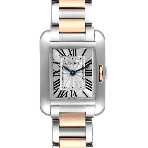 The image shows a frontal view of the Cartier Tank Anglaise W5310019 Women's Steel and Gold (two tone) Silver Dial W5310019 Women's Steel and Gold (two tone) Silver Dial watch, highlighting its rectangular face, Roman numeral dial, and two-tone metal bracelet.