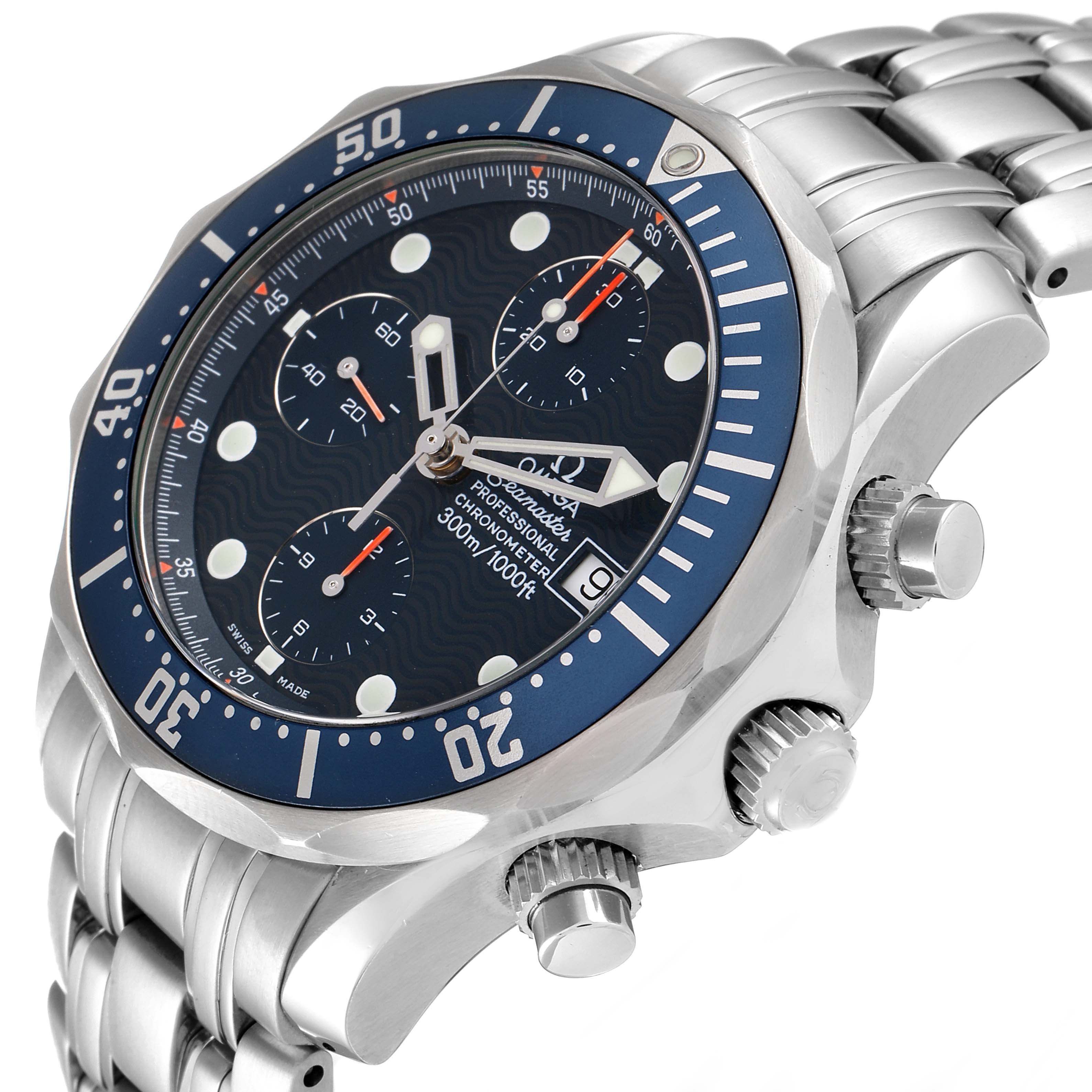 The Omega Seamaster 2599.80.00 Men's Stainless Steel Blue Dial 2599.80.00 Men's Stainless Steel Blue Dial watch is shown at an angle that highlights the dial, bezel, crown, and stainless steel bracelet.