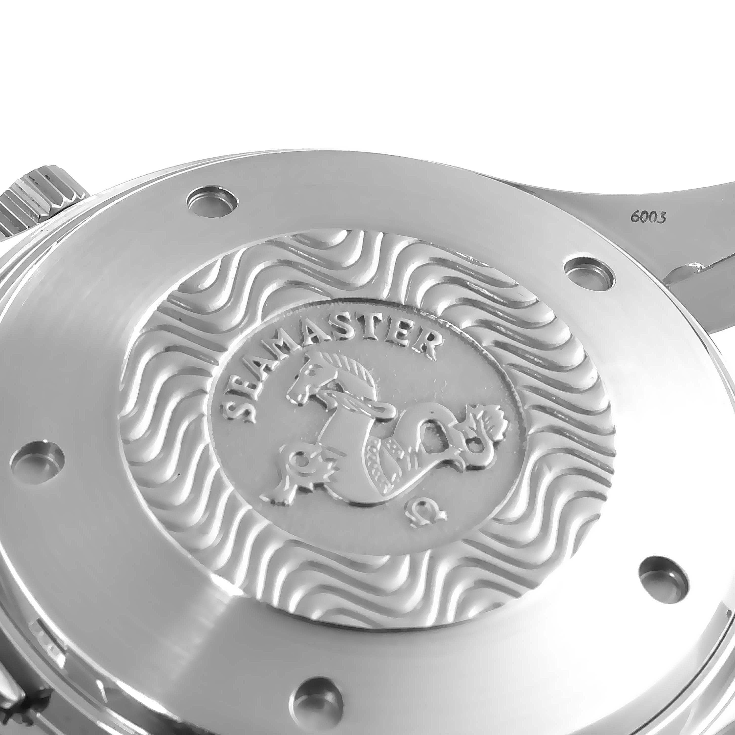 The image shows the engraved case back of an Omega Seamaster 2599.80.00 Men's Stainless Steel Blue Dial 2599.80.00 Men's Stainless Steel Blue Dial watch, featuring the iconic logo.