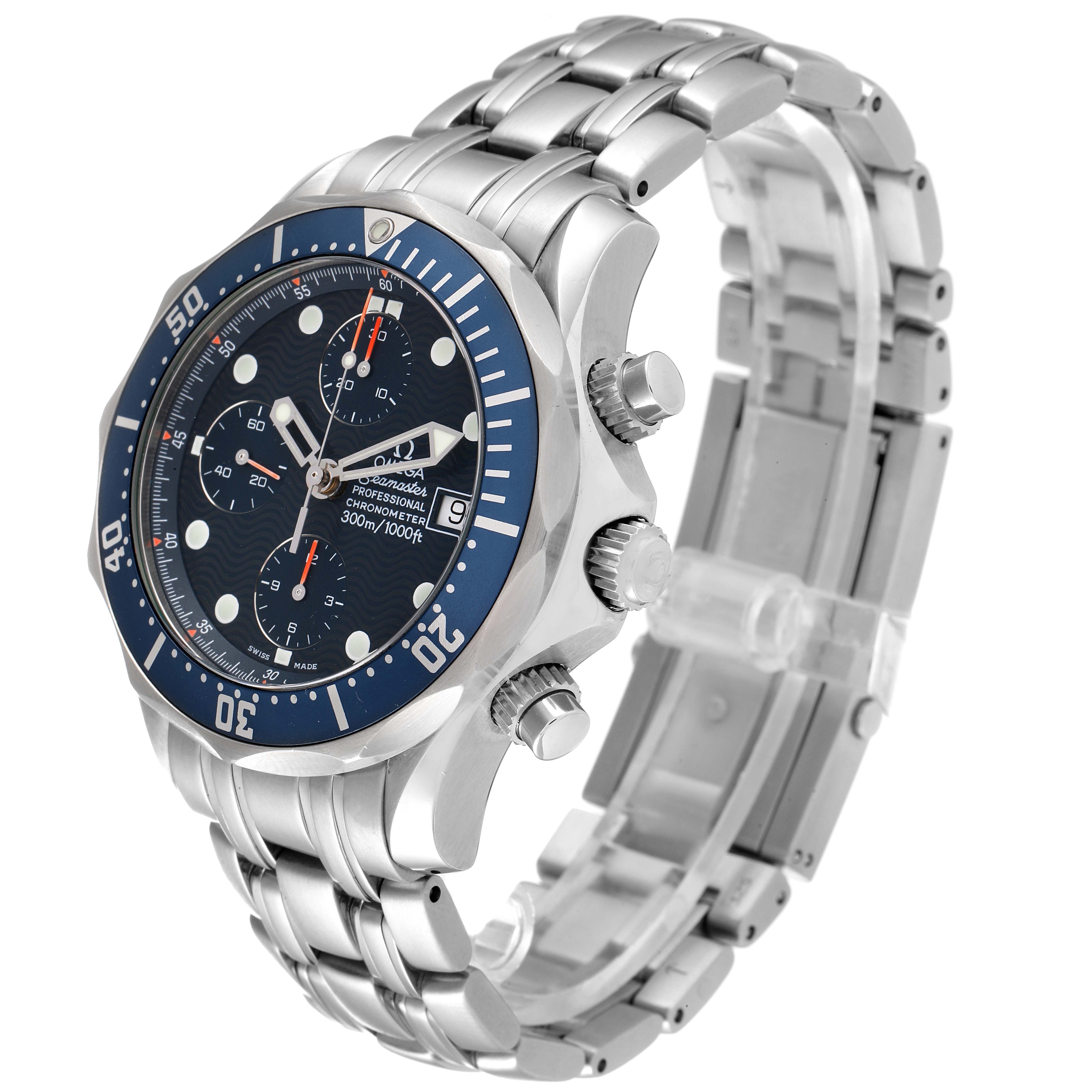 The Omega Seamaster 2599.80.00 Men's Stainless Steel Blue Dial 2599.80.00 Men's Stainless Steel Blue Dial watch is shown at a 3/4 angle, highlighting the blue bezel, chronograph dials, and stainless steel bracelet.