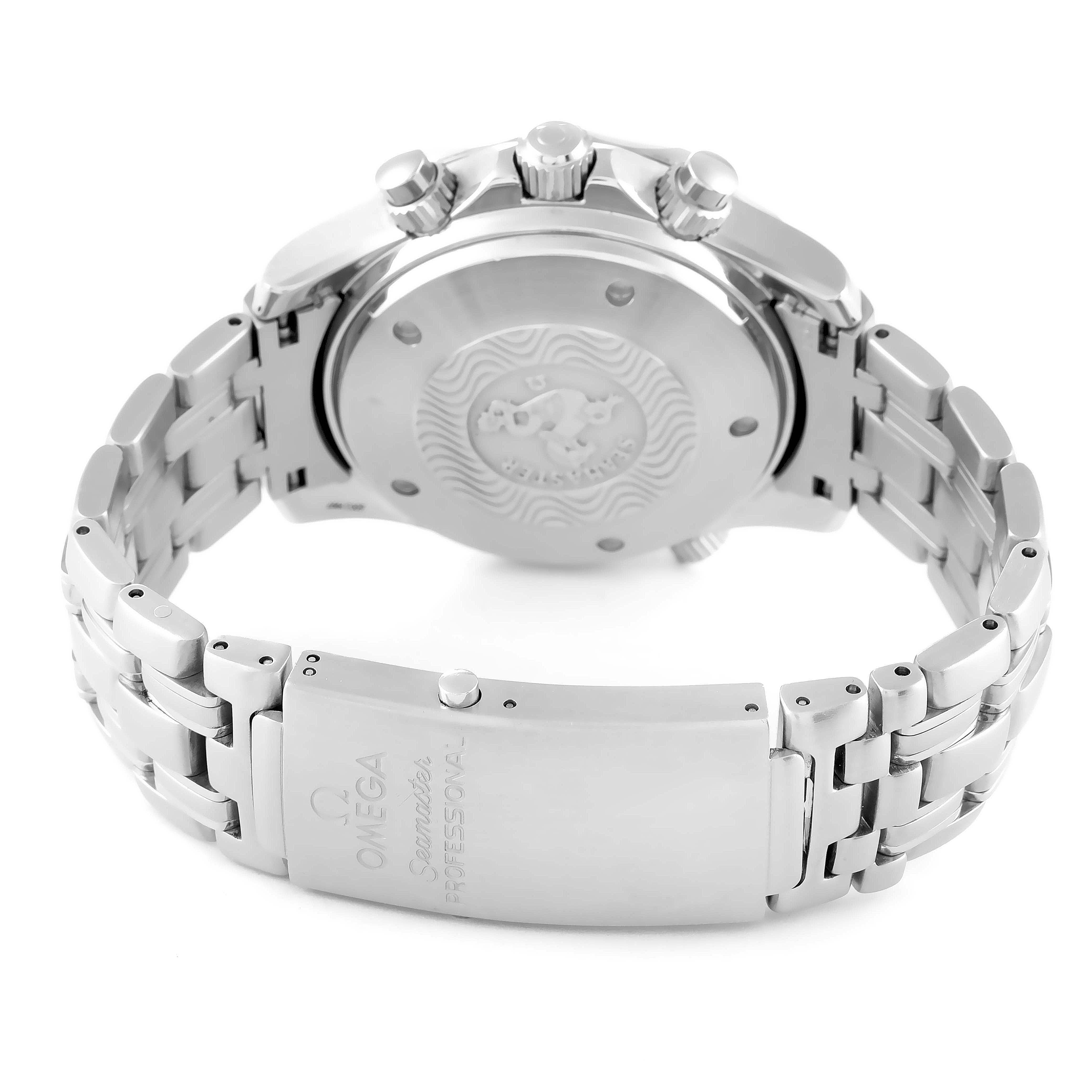 The image shows the back case, clasp, and stainless steel bracelet of the Omega Seamaster 2599.80.00 Men's Stainless Steel Blue Dial 2599.80.00 Men's Stainless Steel Blue Dial watch.